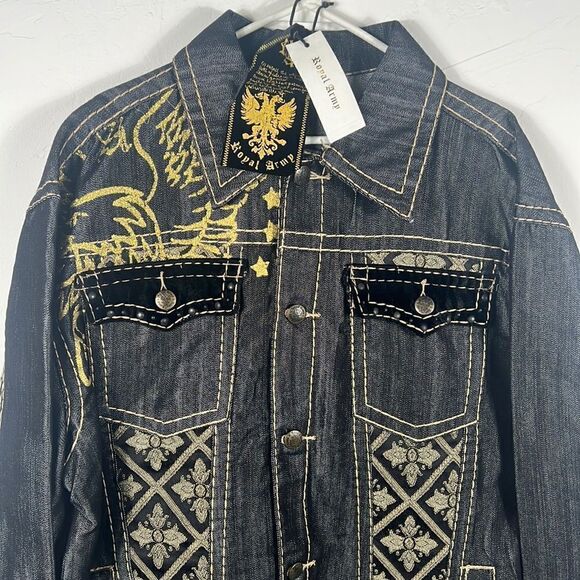 🔥🔥 “NWT” ROYAL ARMY Black Denim & Gold JACKET “Affliction Style” - Sz Large - Picture 1 of 12